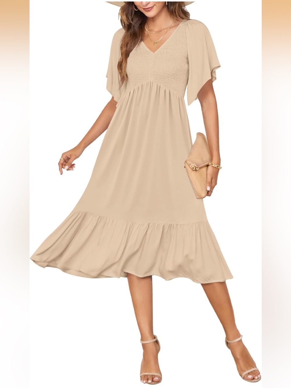 AUSELILY Empire Waist Smocked Midi Dress Flutter Sleeve Beige S Boho